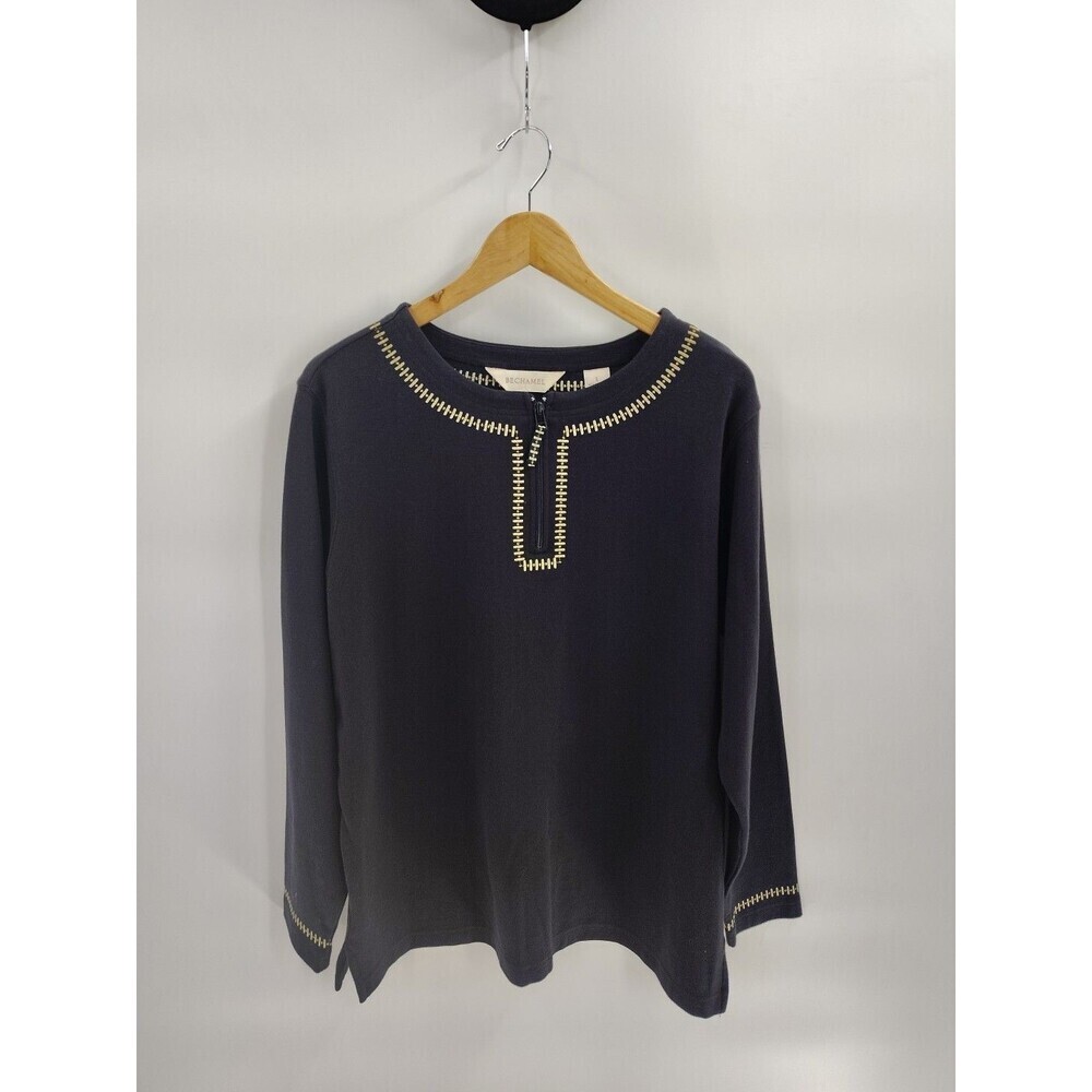 Bechamel Pullover Light Top Large Long Sleeve Black Gold Trim VTG 1/4 Zip